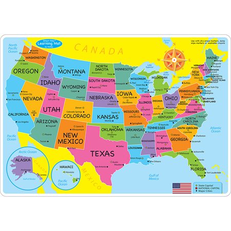 Smart Poly® Learning Mat, 12" x 17", Double-Sided, US Map Basic