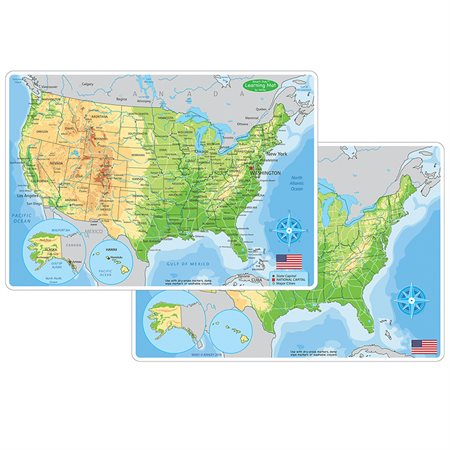 Smart Poly® Learning Mat, 12" x 17", Double-Sided, US Map Physical