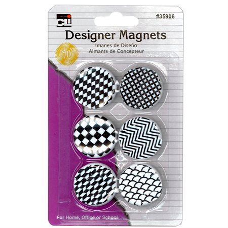 Magnets, Designer Button Style, Assorted Designs, Black / White, 6 / Cd
